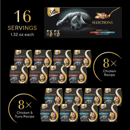 Sheba Selections Filets in Broth Adult Wet Cat Meal Complement Chicken or Tuna Recipe, 1.3 oz.