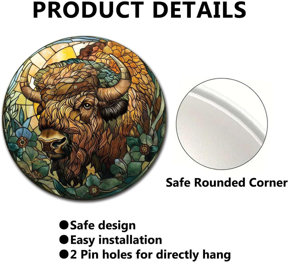 Lygond Metal Sign Tin Sign Circular Stained Glass American Bison Greenhouse Decor for Restaurant