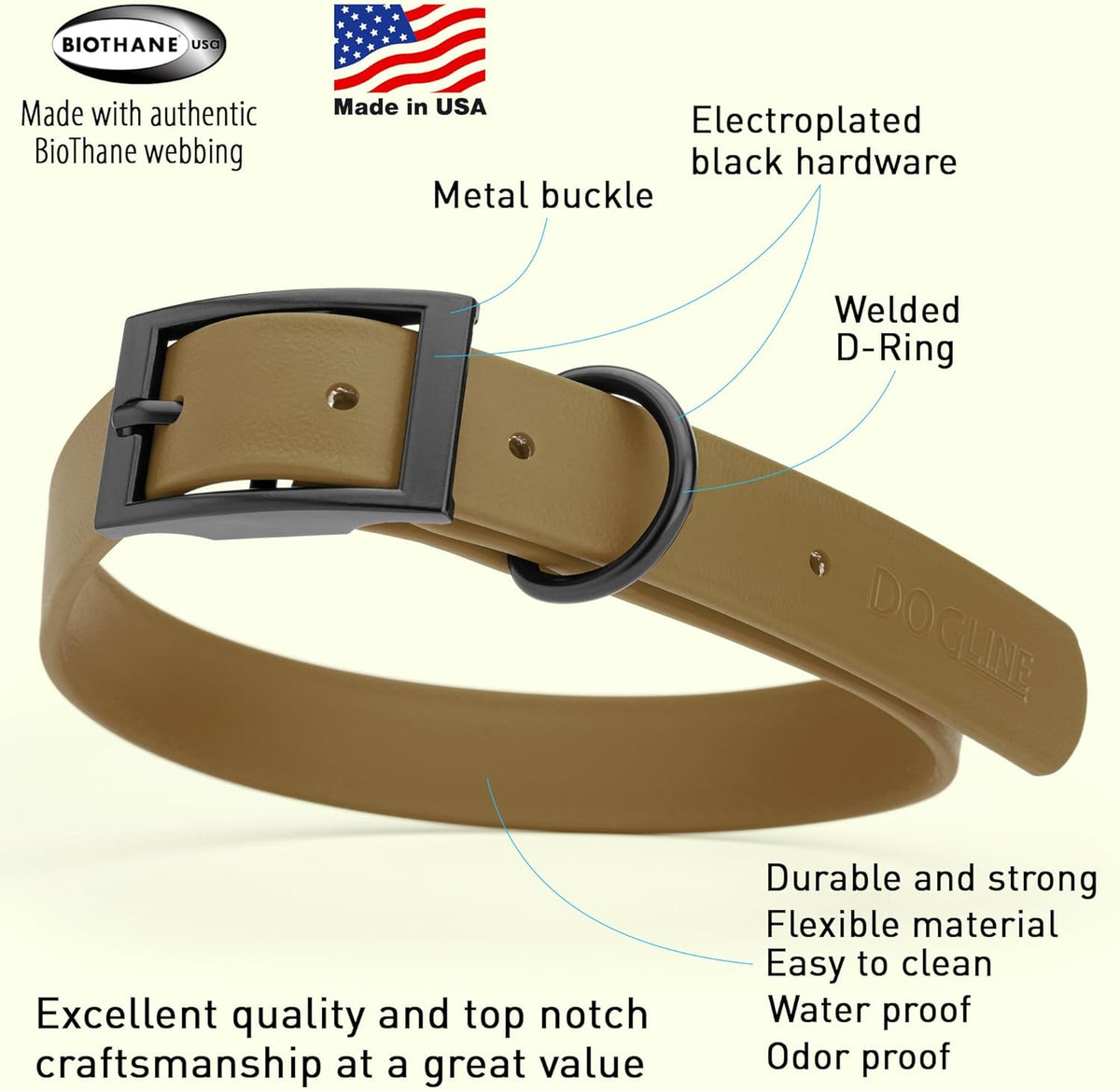Dogline Biothane Waterproof Dog Collar Strong Coated Nylon Webbing with Black Hardware Odor- Proof