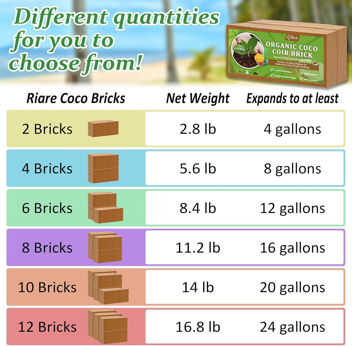 Riare 12pcs Organic Coco Coir Bricks Soil Blocks- 100% Natural Compressed Coco Peat Brick Coconut