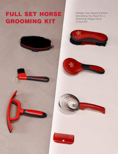 9PCS Horse Grooming Kit Curry Comb Sweat Scraper Horse Bathing Supplies Grooming Tools with Storage