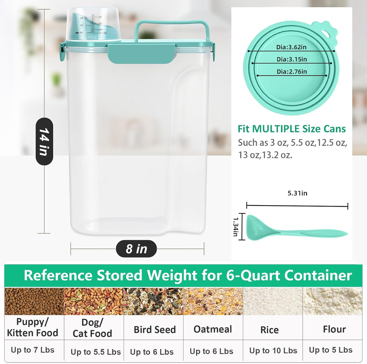 Pet Dog Cat Food Storage Container 5 to 7 lbs with Can Cover and Mixing Spoon, Airtight Travel Pet