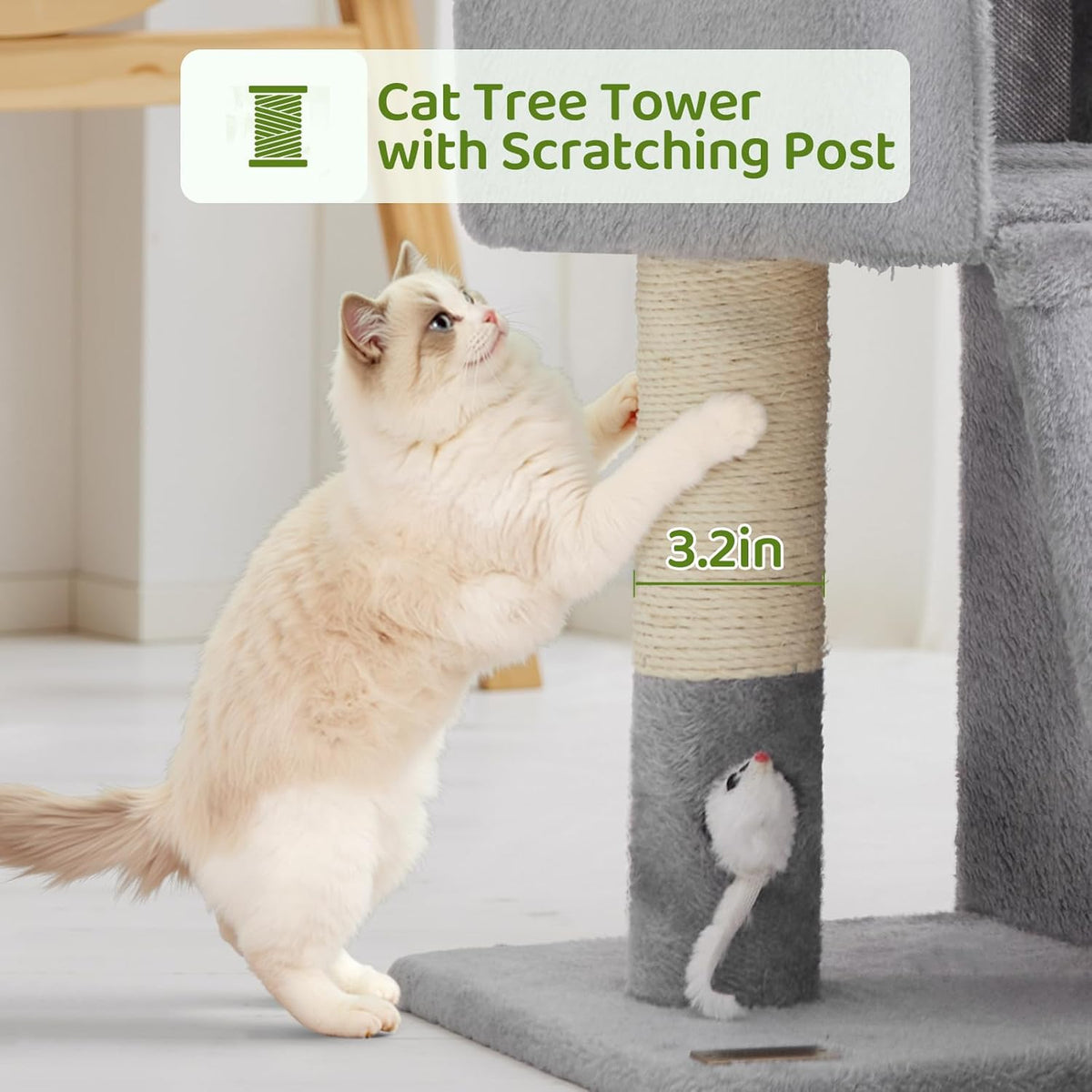 24inch Tall cat Tree with 2 cat condo and Mouse Toy Cozy Small cat Tower with Scratching Post and