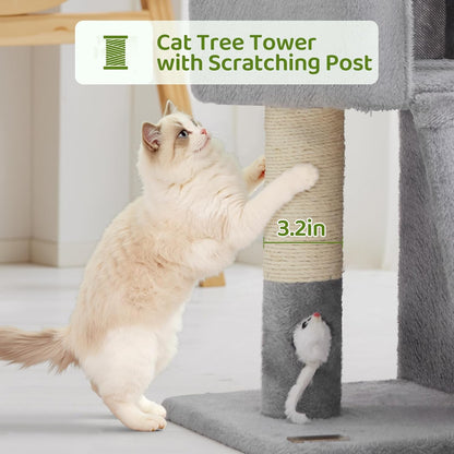 24inch Tall cat Tree with 2 cat condo and Mouse Toy Cozy Small cat Tower with Scratching Post and