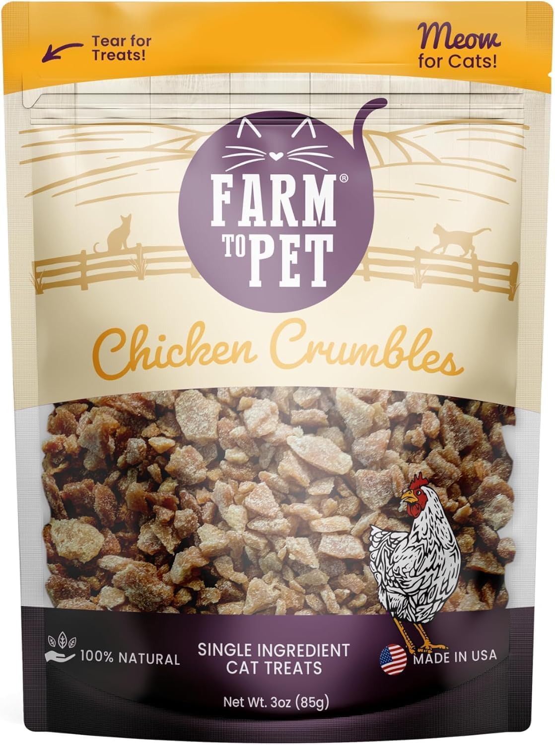 Farm To Pet - Cat Treat Crumbles - 3 oz Single Ingredient Chicken Treat and Snacks - Healthy for
