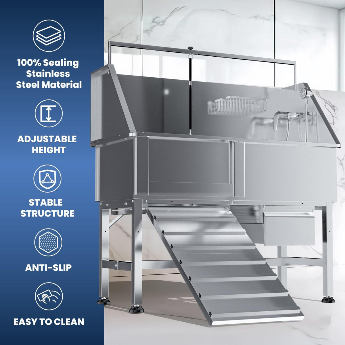 Professional 46" Dog Washing Station, Stainless Steel Dog Bathing Station, Height Adjustable Dog