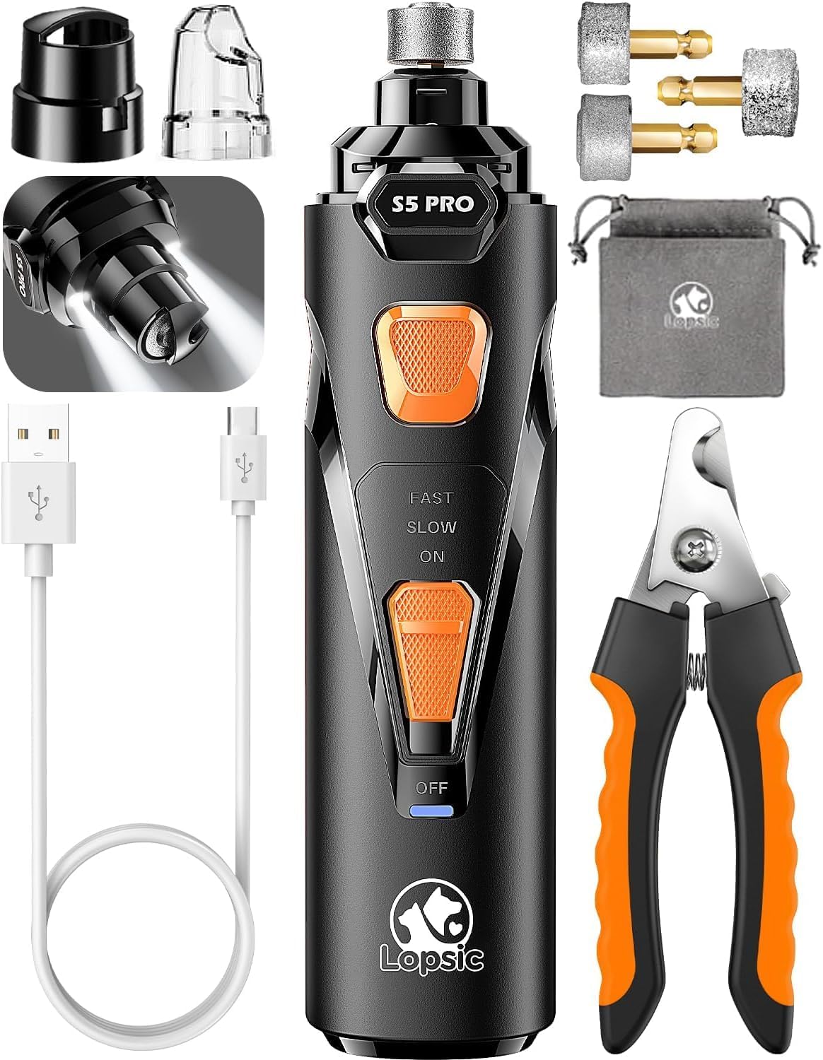 Dog Nail Grinder with 2 LED Lights Powerful 2 Speeds Super Quiet Dog Nail Trimmers with 3 Grinding