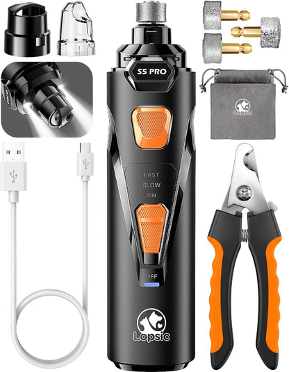 Dog Nail Grinder with 2 LED Lights Powerful 2 Speeds Super Quiet Dog Nail Trimmers with 3 Grinding