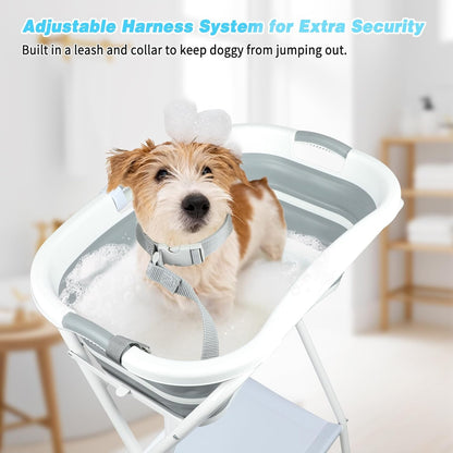 FHTONGE Elevated Dog Bathtub Grooming Station with Drain Adjustable Collar, 2 in 1 Collapsible Dogs