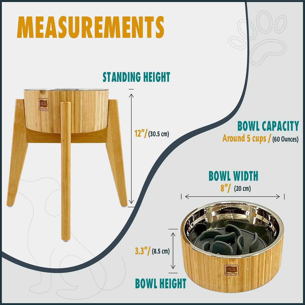 Slow Feeder Dog Bowls for Large Breed - Elevated, Raised 12-inch High - Bamboo Bowl with [60-oz