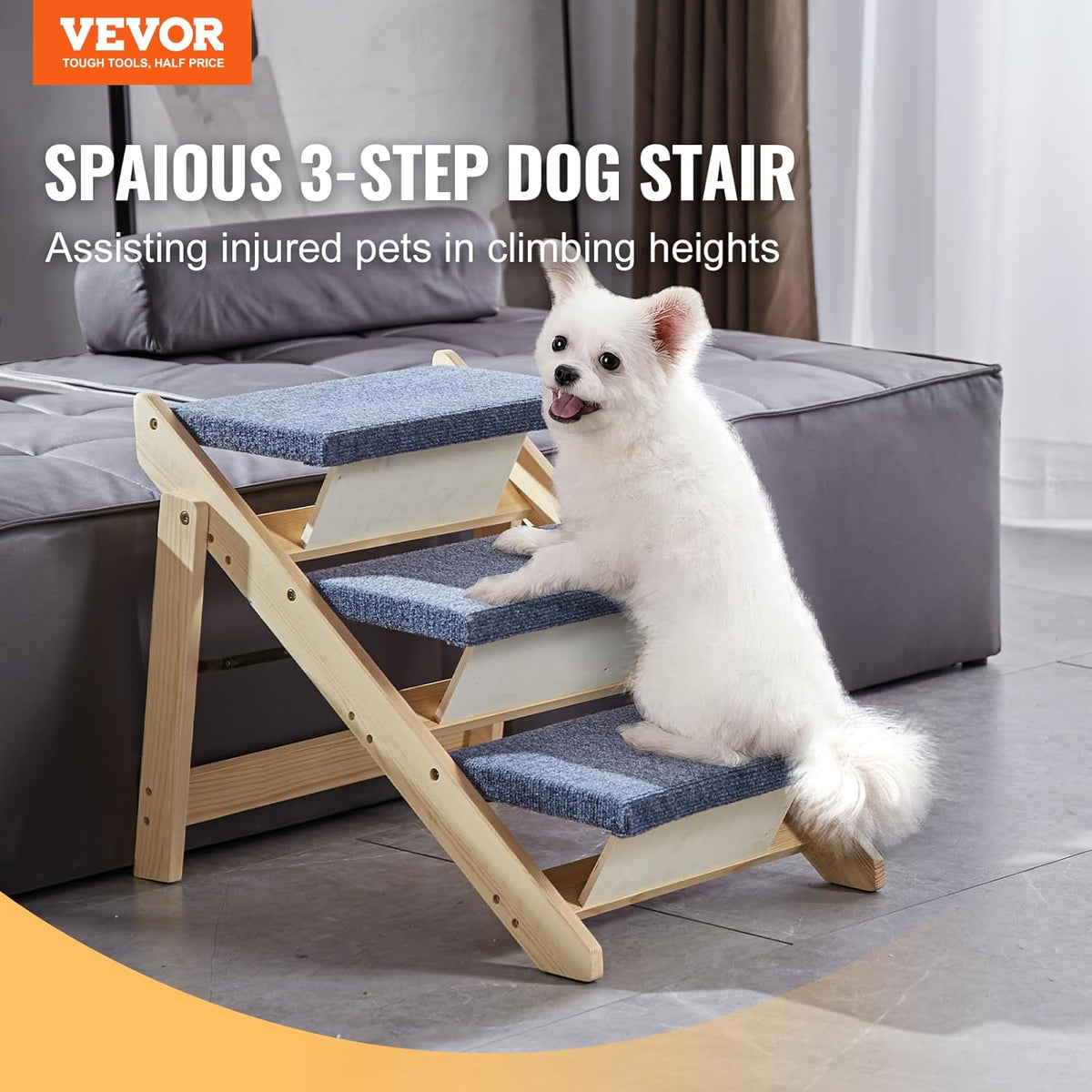 VEVOR Wood Pet Stairs/Pet Steps, 2-in-1 Foldable Wooden Dog Stair for Beds, Sofa and Cars, Dog
