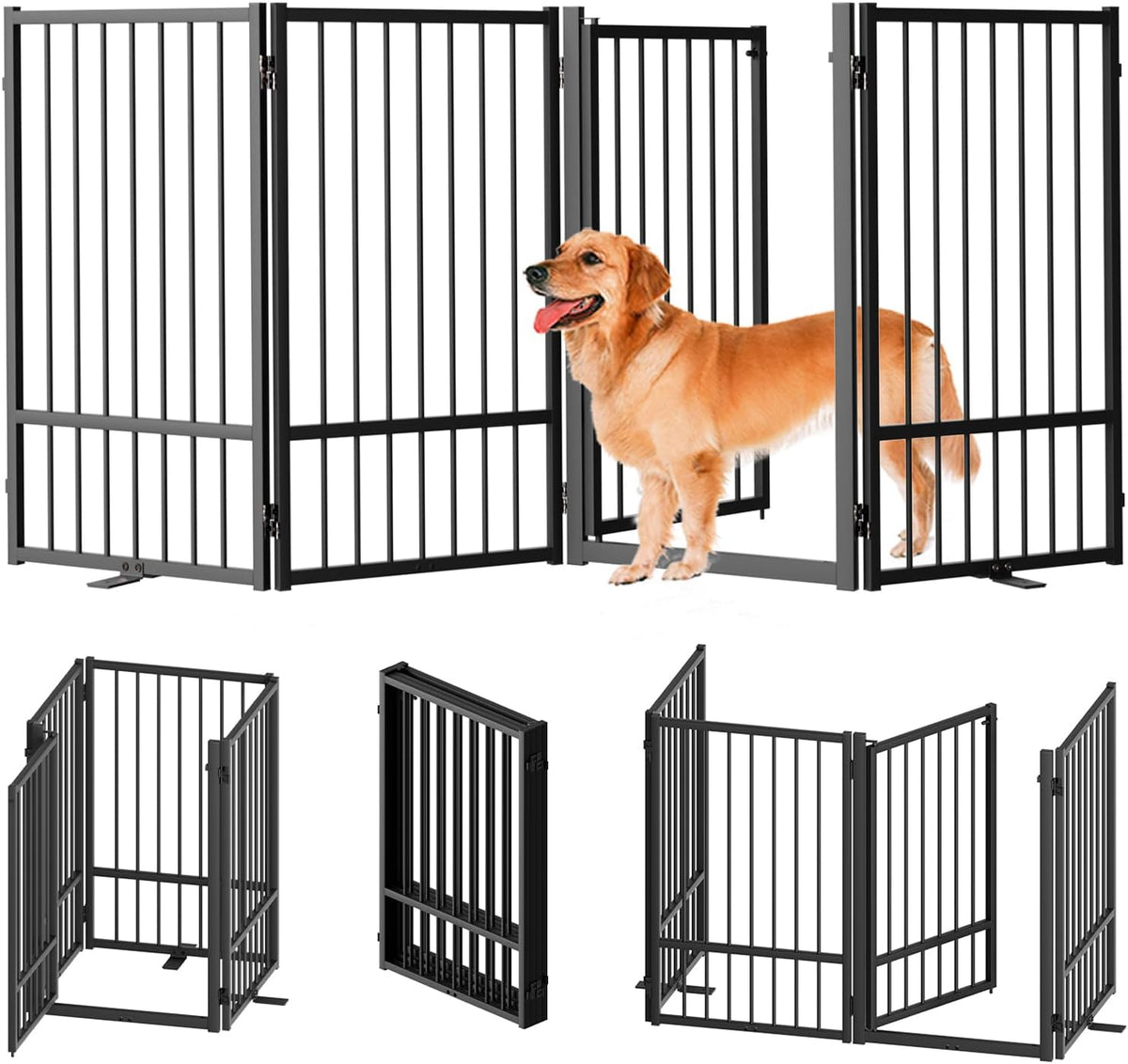 Full Metal Freestanding Dog Gate with Door, 32''Height Foldable Pet Dog Fence for Indoor & Outdoor