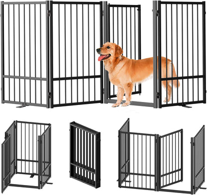 Full Metal Freestanding Dog Gate with Door, 32''Height Foldable Pet Dog Fence for Indoor & Outdoor