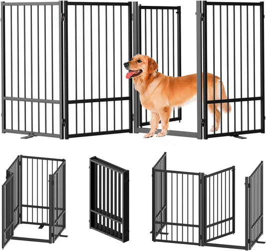 Full Metal Freestanding Dog Gate with Door, 32''Height Foldable Pet Dog Fence for Indoor & Outdoor
