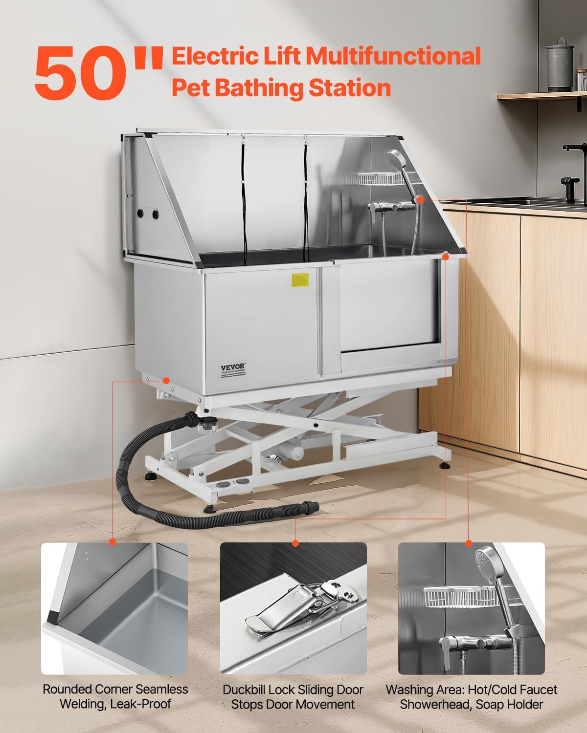 VEVOR Electric Lift Dog Washing Station, 50 inch Professional Stainless Steel Pet Grooming Tub w/PE