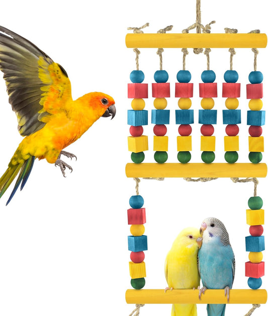Bird Swing, Parrot Chew Toy with Wooden Perches Stand, Hanging Colorful Wood Block Bird Cage