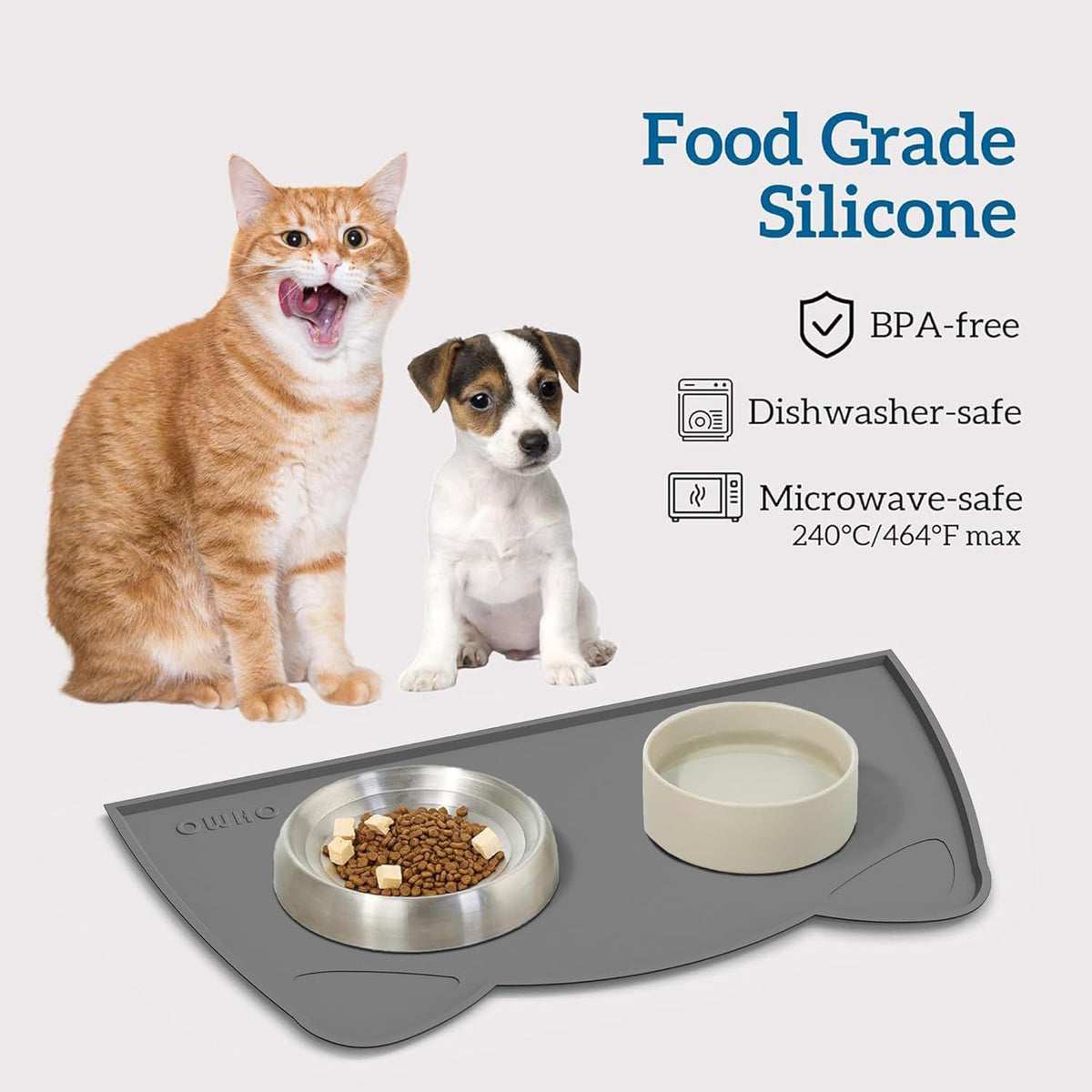 OHMO - Cat Food Mat, Silicone Pet Feeding Mat for Floor Non-Skid Waterproof Dog Water Bowl Tray