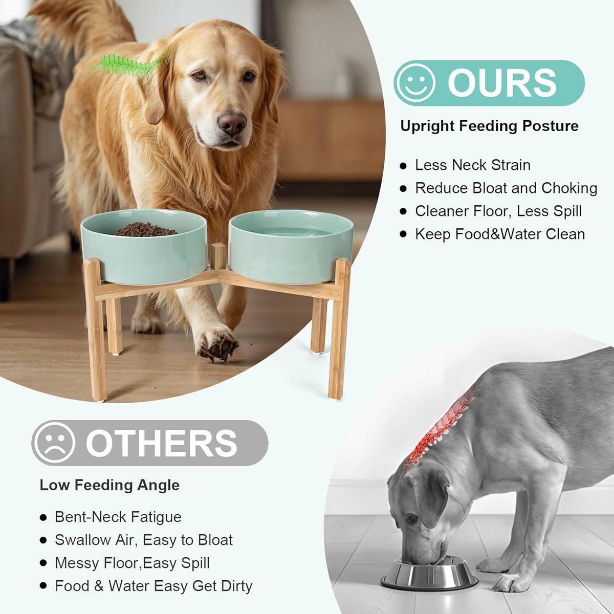 SPUNKYJUNKY Elevated Dog Bowls Ceramic, 8.3'' Dogs Food Water Bowls Raised with Non-Slip Bamboo