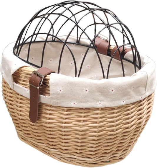 Bike Pet Basket, Wicker Bike Basket for Small Dogs Cats Pet Carrier Front Basket with Wire Mesh