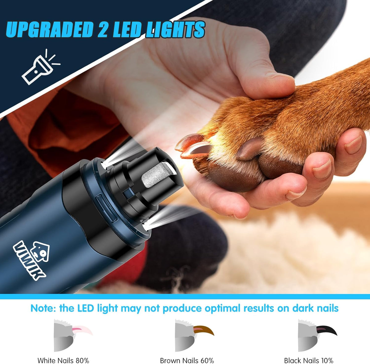 VIWIK Dog Nail Grinder, Dog Nail Trimmers with LED Lights, Pet Nail Clippers Kit for Large Medium