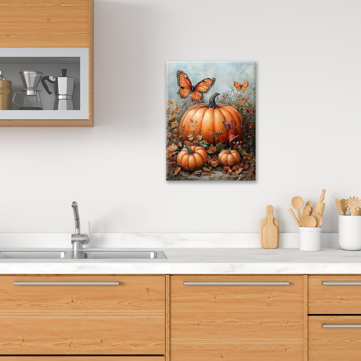 Fall Pumpkin Pictures Wall Art, Rustic Thanksgiving Bathroom Wall Decor, Farmhouse Autumn Butterfly