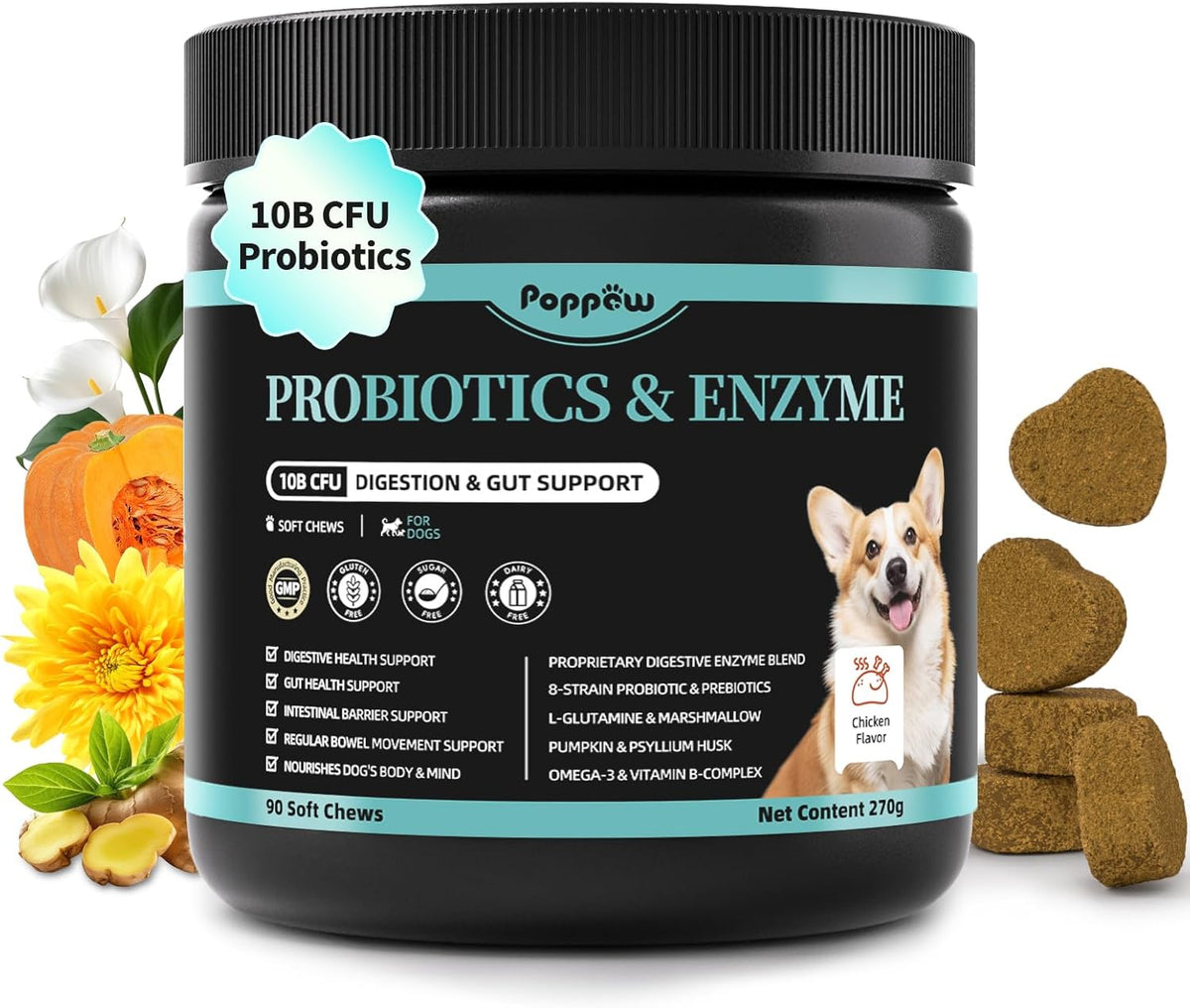 Probiotics for Dogs, Digestive Enzymes for Gut Health Support, Dog Fiber Supplement with Pumpkin