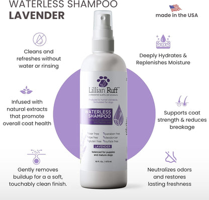 Lillian Ruff Waterless No-Rinse Dog Dry Shampoo Spray with Hydrating Essential Oils - pH-Balanced