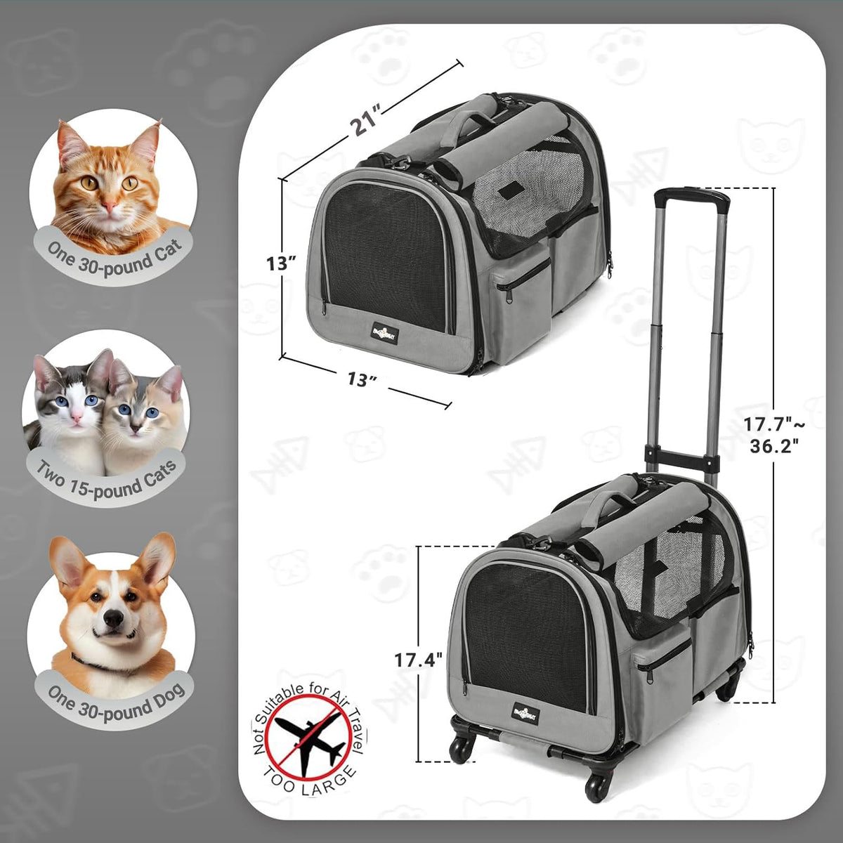 Large Pet Carrier with Wheels, Foldable Rolling Dog Carrier with Wheels and Big Pocket, Cat Rolling