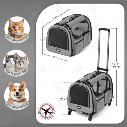 Large Pet Carrier with Wheels, Foldable Rolling Dog Carrier with Wheels and Big Pocket, Cat Rolling