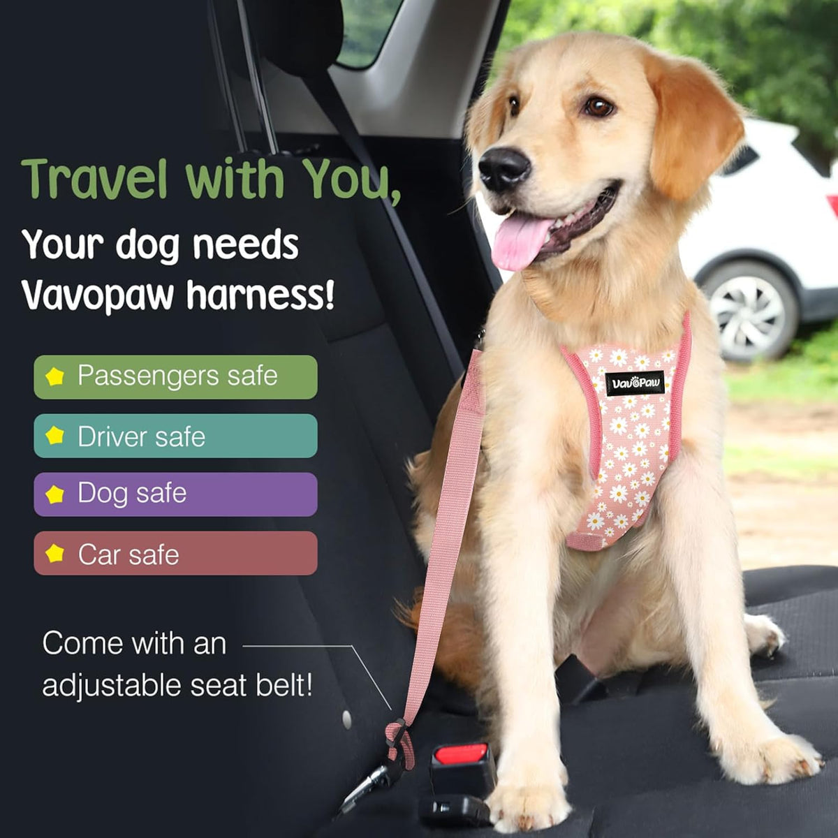 Dog Seat Belt, Safety Vest Dog Car Harness with Adjustable Buckle Dog Seat Belt for Vehicle Nylon