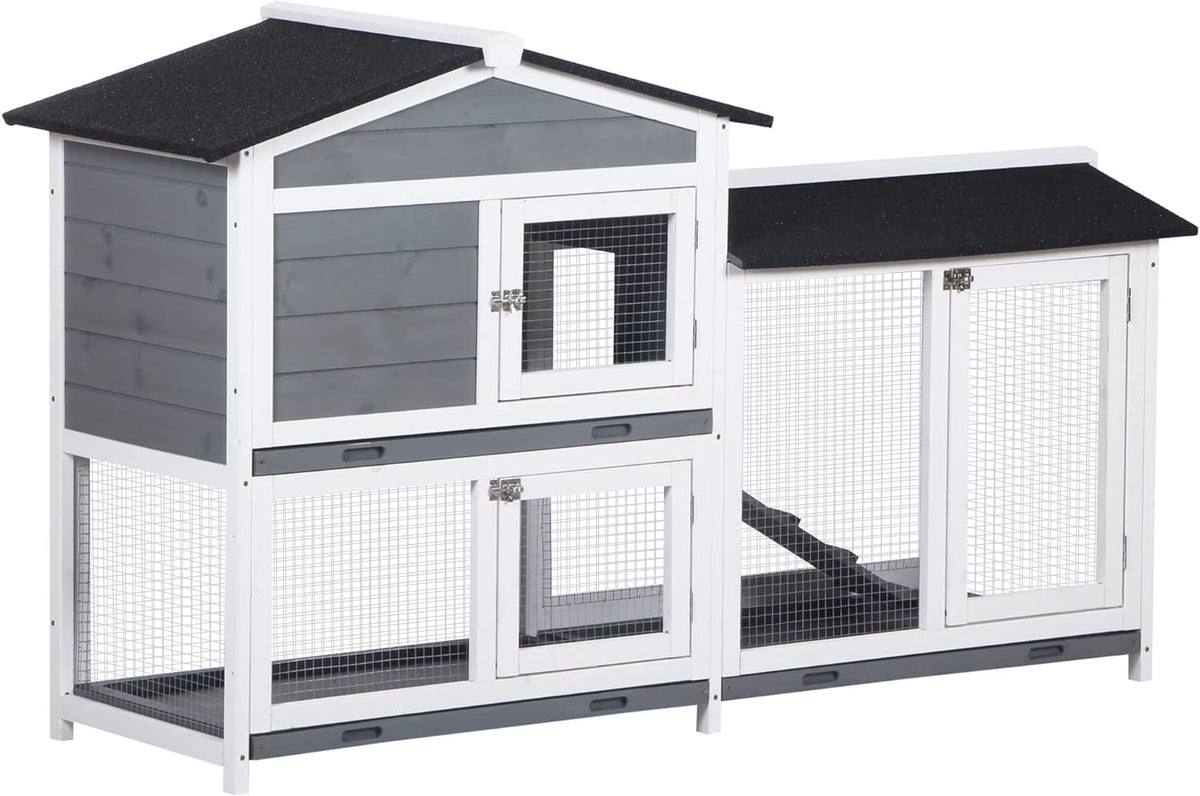 PawHut 62" Rabbit Hutch, Wooden Bunny Hutch, Guinea Pig Cage, Small Animal Enclosure with Run Area