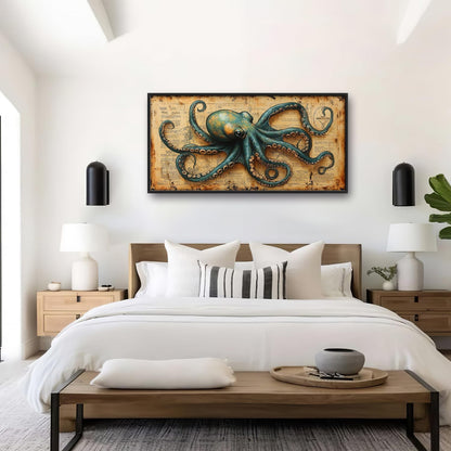 Large Octopus Nautical Wall Art for Living Room, Vintage Ocean Canvas Oversized Wall Decor, Rustic