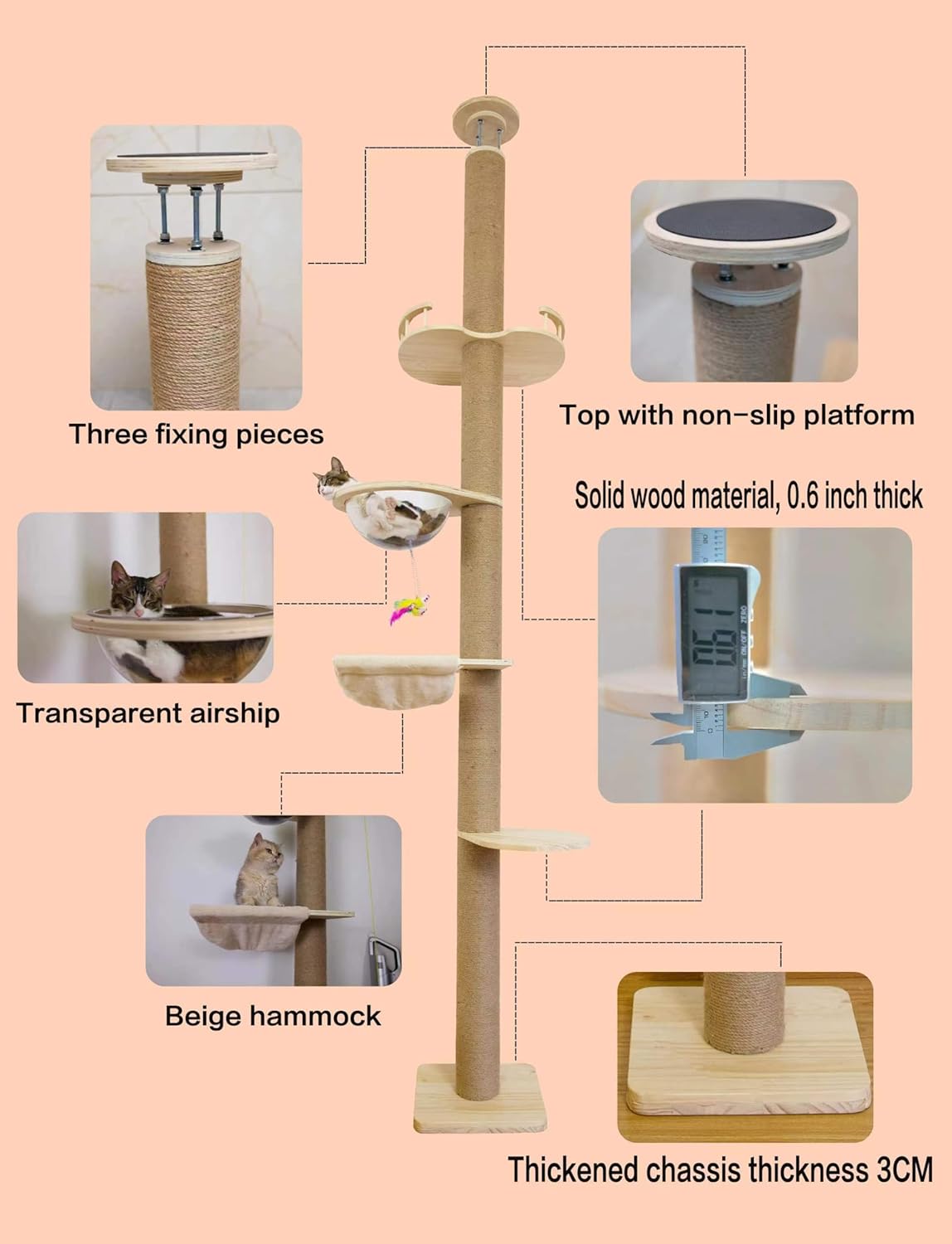 Floor-to-Ceiling Cat Tree with Natural Sisal Rope Scratching Post - Adjustable Height (55-119