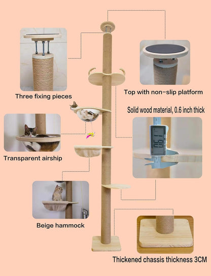 Floor-to-Ceiling Cat Tree with Natural Sisal Rope Scratching Post - Adjustable Height (55-119