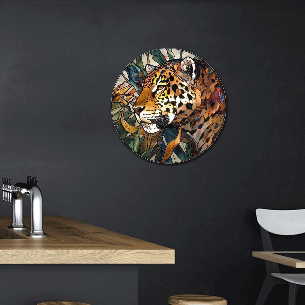 Lygond Metal Sign Tin Sign Circular Stained Glass Jaguar Boho Bedroom Decorations for Yard 12×12