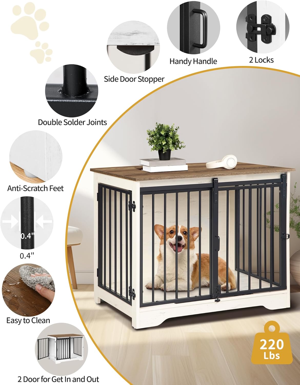 31.9" Dog Crate Furniture with Barn Door, Heavy Duty Dog Kennel Indoor with 2 Doors, Wooden Pet
