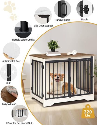 31.9" Dog Crate Furniture with Barn Door, Heavy Duty Dog Kennel Indoor with 2 Doors, Wooden Pet