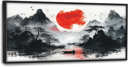 Framed Large Japanese Mountain Wall Art for Living Room, Oversized Asian Red Sun Lake Landscape