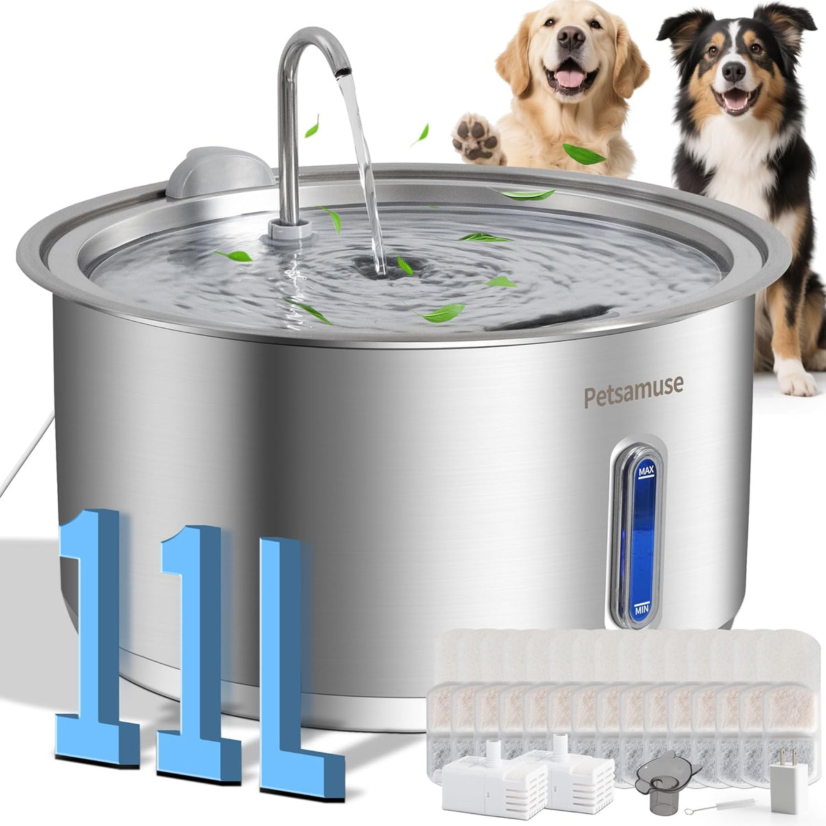 Large Dog Water Fountain, Petsamuse 11L/2.8Gal Automatic Circulating Stainless Steel Water Bowl