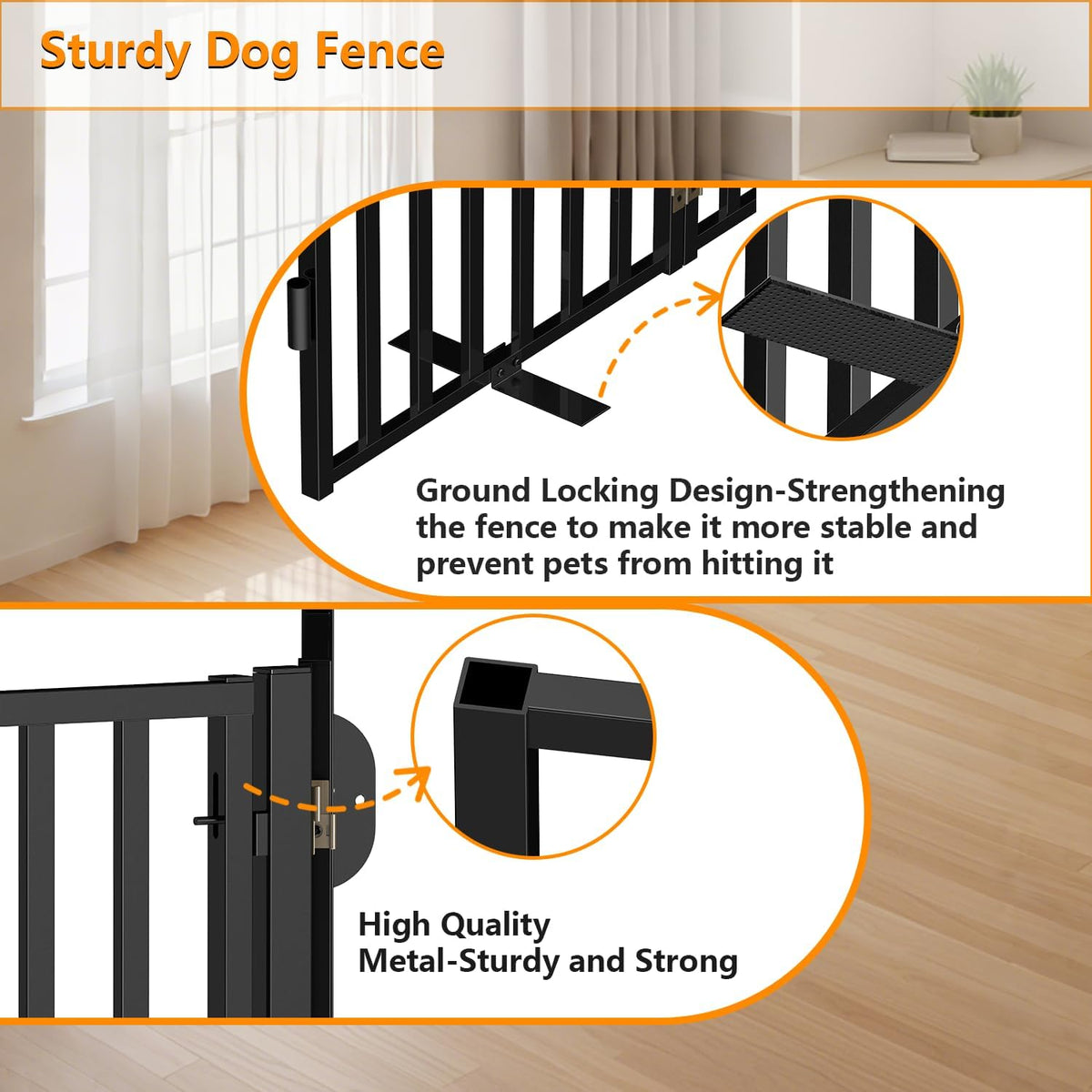 Portable Dog Fence with Door for Indoor Outdoor Use, Free Standing Dog Gate Foldable Design, Metal