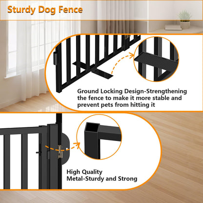 Portable Dog Fence with Door for Indoor Outdoor Use, Free Standing Dog Gate Foldable Design, Metal