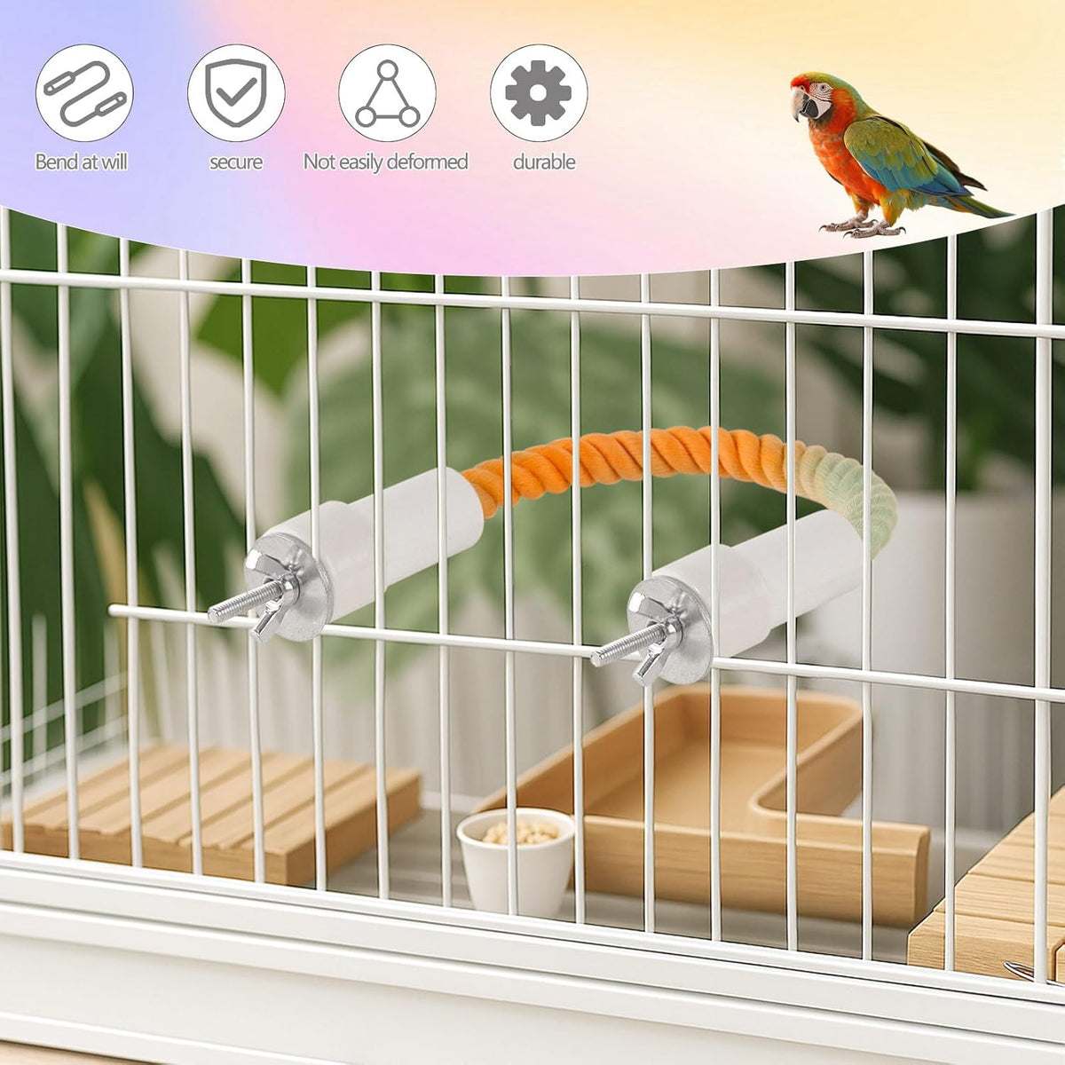 4Pcs Rope Perches for Bird Cages, Bendable Climbing Rope Cage Accessory Toy, Perfect for Parrots