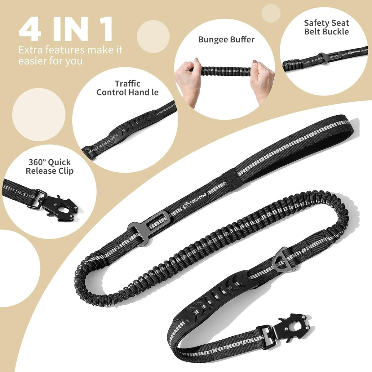 4-6FT Heavy Duty Dog Leashes for Large Dogs, Shock Absorbing Bungee Tactical Leash with 2 Padded