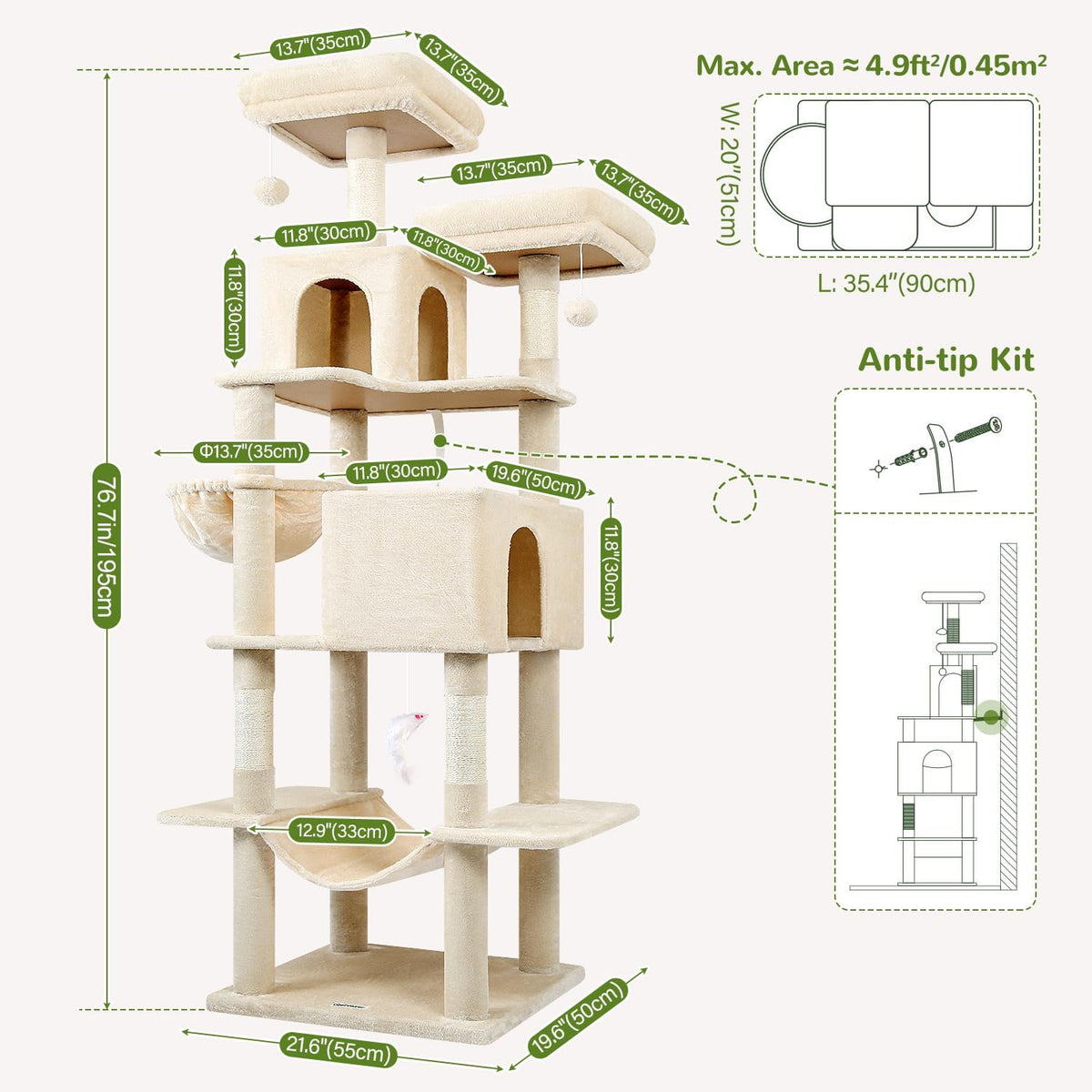 Globlazer Cat Tree Tower, 76-Inch Extra Tall Multi-Level Cat Furniture with Cozy Condos, Hammock