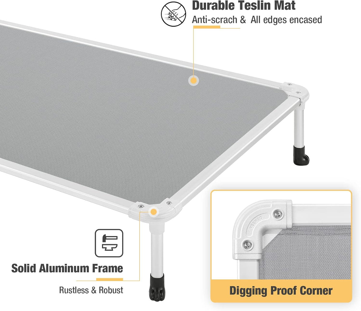 Veehoo Chew Proof Elevated Dog Bed - Cooling Raised Pet Cot - Silver Aluminum Frame and Durable