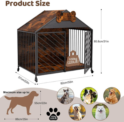 Furniture-Style Dog Crate with Gable Roof Design, Double Locking Doors Indoor Kennel for Small &