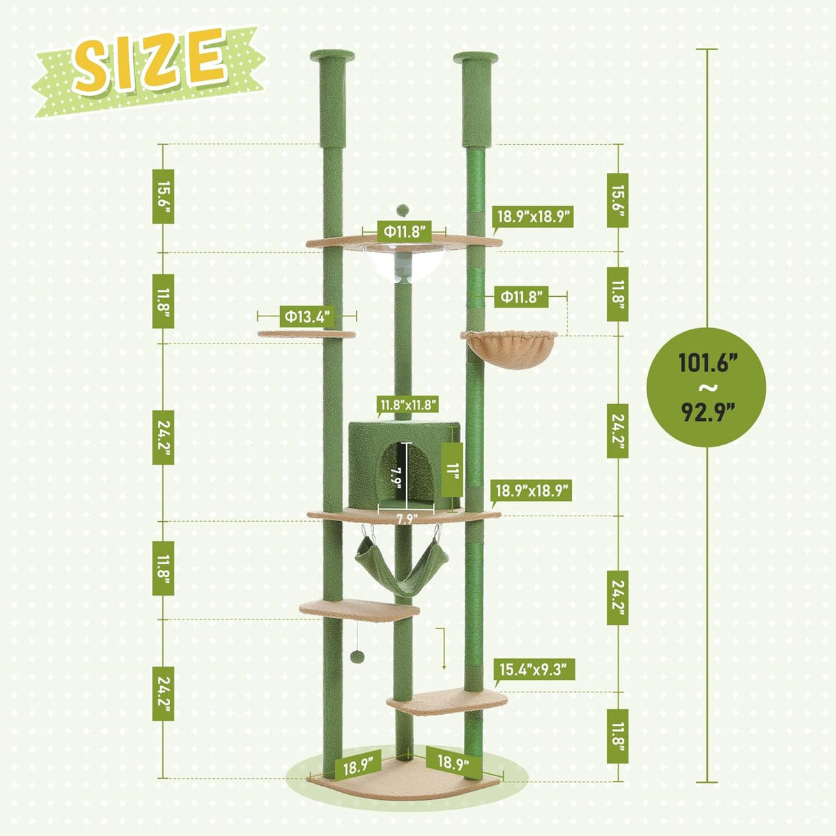 PEQULTI Floor to Ceiling Cat Tree 92.9’’-101.6’’ Height Adjustable Cat Tower Tall Kitty Climbing