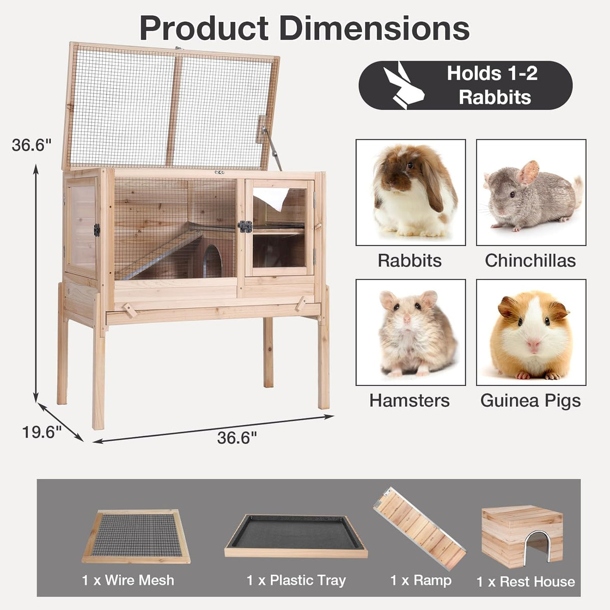 Guinea Pig Cage with Wooden Stand - Hamster Cage, Small Animal Cage Anti Chew Ramp, Hideout