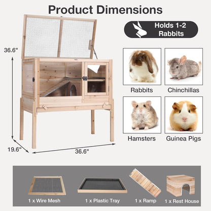 Guinea Pig Cage with Wooden Stand - Hamster Cage, Small Animal Cage Anti Chew Ramp, Hideout