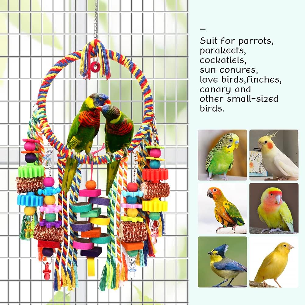 Bird Toys Bird Rope Ring Swing Perch with Corn Cob Cardboard Bagels Wooden Blocks Chewing Toys for